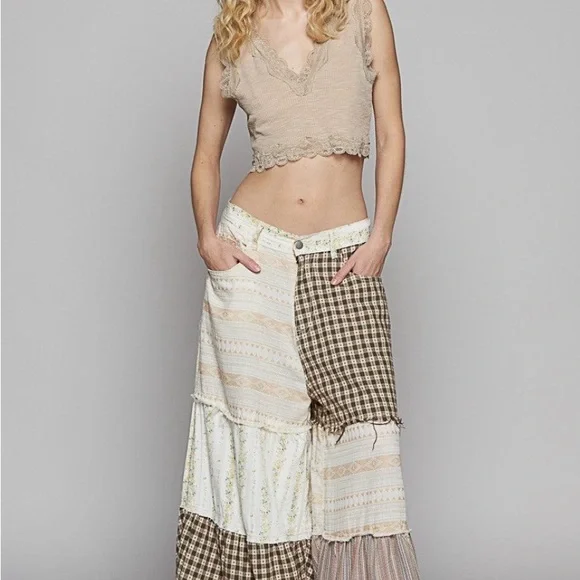 POL Contrasting Panel
Patchwork Wide Leg Pants in Natural Multi - Picture 2 of 14